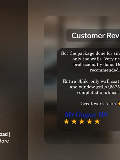 A 5-star review from a client who was impressed with our team's professional and neat work on a 3BHK wall coating project. We were able to complete the entire job, including the balcony and window grills, in almost a single day.