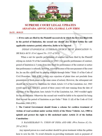 I believe in staying ahead of legal developments. This is a sample of the legal updates my firm, Aksapada Advocates, prepares, covering crucial judgments from the Supreme Court on topics like contract law and the Motor Vehicles Act to better serve our clients.
