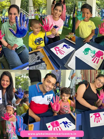 A colorful start to a new chapter. Children and parents create handprint art together, a beautiful symbol of the partnership between home and school in a child's growth.