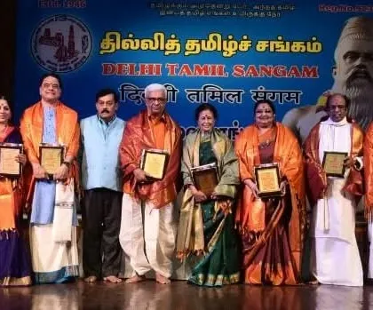 On stage at the Delhi Tamil Sangam, where I was felicitated along with other Sangeet Natak Akademi awardees. It was an honor to share the stage with such distinguished artists.
