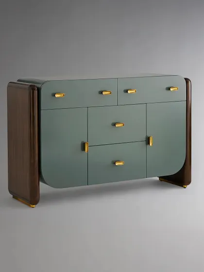 A slightly angled view of our sleekly curved buffet, highlighting the rich medium brown finish of the wooden sides and the burnished brass plinths.