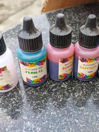 A close-up of the alcohol inks I provide for resin artists. These inks create beautiful, transparent color effects and are a must-have for petri dish art and other techniques.