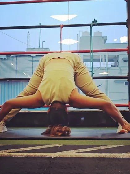 Monday starts with doing what I do best. A deep Prasarita Padottanasana, or Wide-Legged Forward Fold, is a great way to stretch the hamstrings and release the lower back after a weekend.