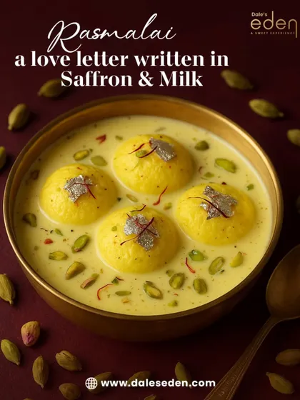 This is my Rasmalai, a true love letter written in saffron and milk. I make it with soft, milky, and tender cottage cheese patties, soaked in a rich, creamy milk base and garnished with real silver leaf.