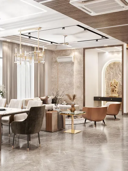 This render shows the integration of a mandir within the open-plan living and dining space, ensuring the sacred area feels distinct yet harmonious with the overall design.