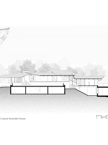 A cross-section of the Lateral Verandah House, illustrating how the structure is split into two levels to adapt to the sloping terrain. The drawing shows the relationship between the communal upper level and the private lower level.