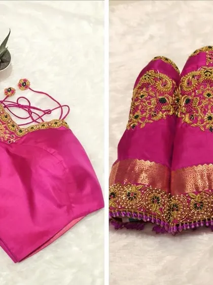 A stunning hot pink blouse with heavy embroidery on the sleeves, featuring peacock motifs and bead droppings.