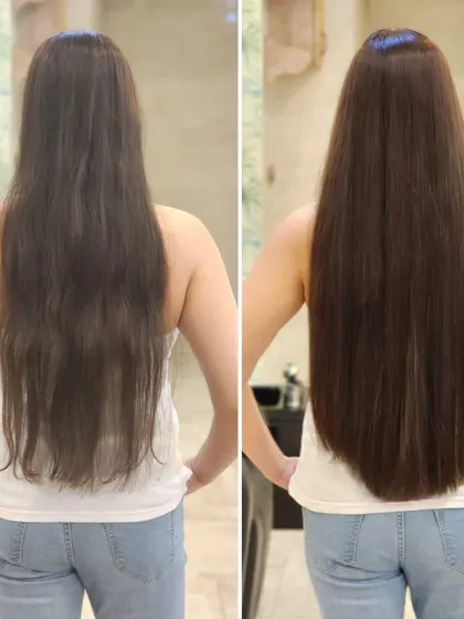 This client wanted more length and a healthier appearance. The after shot shows a beautiful, long style with a clean, straight finish.