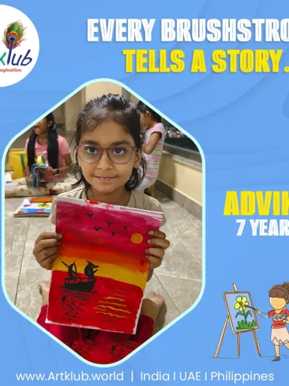 Seven-year-old Advika tells a story with every brushstroke in her evocative sunset boat scene.