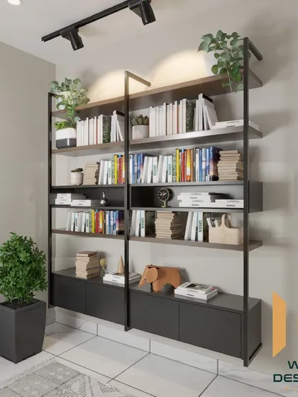 A minimalist bookshelf in monochrome tones, perfect for a modern bedroom or study area.
