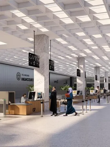 The interior of our Telangana High Court proposal was designed to be efficient, orderly, and filled with natural light. The coffered ceiling and clean lines create a sense of dignity, while the clear signage and open layout ensure the space is easy to navigate for the public.