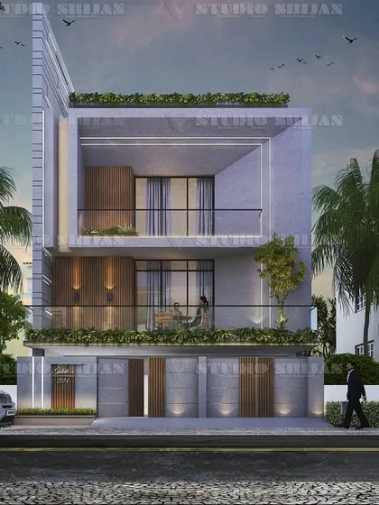 Our 3D visualization for a Delhi residence, featuring a bold, framed upper-level balcony and a combination of wood and grey stone textures for a modern, geometric look.