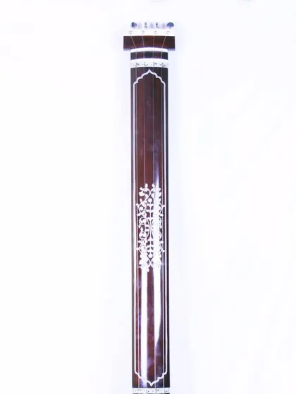 The neck of the Manu Shrivastava style tanpura, showing the delicate inlay pattern.