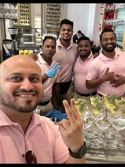 A selfie of our founder and the team at a mocktail bar for a mehndi function in Baku, Azerbaijan. This highlights our international capabilities and expertise in non-alcoholic beverages.