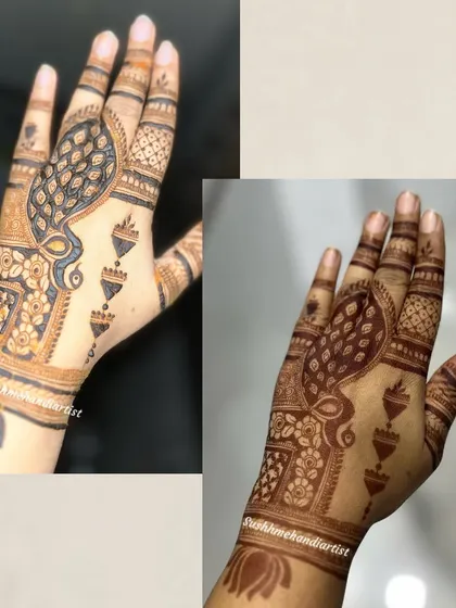 A before and after of the henna stain for this elegant peacock design on the back of the hand.