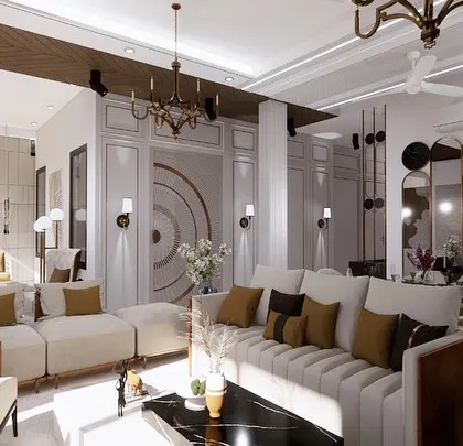 Natural light floods this spacious living room, highlighting the clean lines and modern classic aesthetic. We used a mix of plush sofas, elegant accent chairs, and a striking black marble coffee table to create a luxurious and comfortable gathering space.