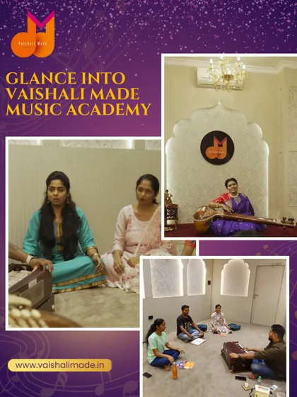 A glance into our academy. This collage shows me teaching with the sitar and students practicing in small, focused groups, giving a feel for our daily learning environment.