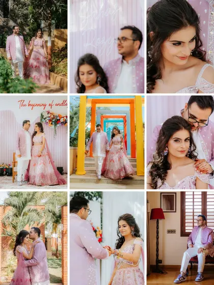 A collage showcasing the pastel-themed "Carnival of Love" for Sahas and Rozy, with multiple portraits capturing their journey from best friends to soulmates.
