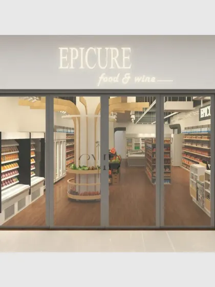 This 3D render shows the initial design concept for the Epicure storefront, focusing on a clean, modern facade with large glass panels to offer a glimpse of the premium experience inside. The illuminated sign ensures high visibility.