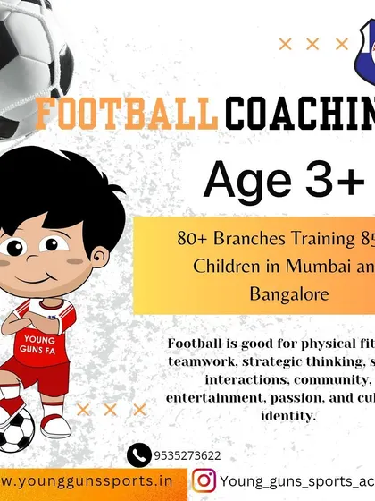 This graphic highlights our football coaching for kids 3+, focusing on physical fitness, teamwork, and passion.