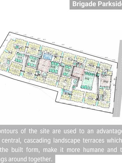 This conceptual sketch for Brigade Parkside East shows how we used the site's natural contours to create cascading landscape terraces. This approach helps to scale down the built form, making it more humane and tying the buildings together.