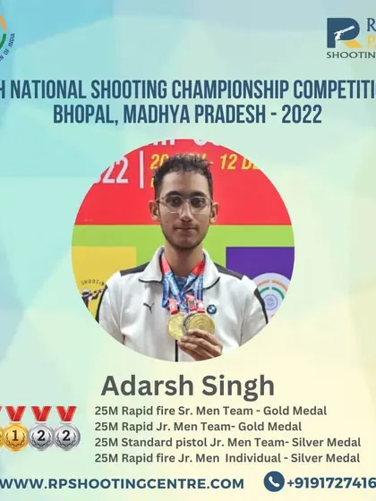 A massive medal haul for Adarsh Singh at the 65th National Shooting Championship, winning two golds and two silvers across various 25m pistol events.