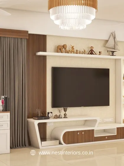A 3D render of a living room TV unit. The design combines open shelves for decor with closed cabinets, using a mix of white and wood tones for a modern and balanced look.