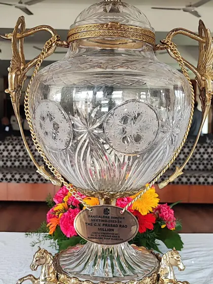 A close-up of the exquisite crystal trophy for the C.V. Prasad Rao press meet.