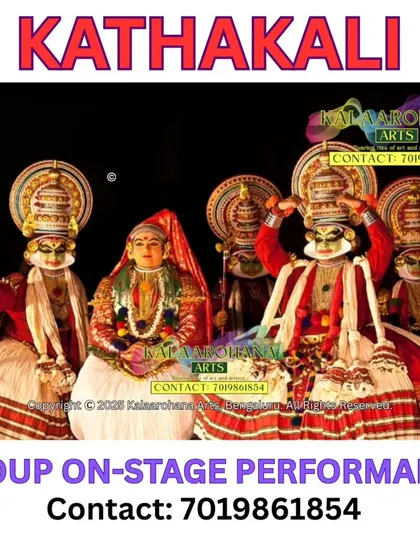 A group of our Kathakali artists assembled for a stage performance. We can arrange for solo, duet, or ensemble performances to tell larger stories from Indian epics like the Mahabharata.
