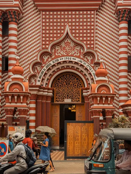 A street-level view of the incredible Jami Ul-Alfar Mosque in Colombo, captured on my iPhone. The intricate details and vibrant colors are breathtaking.