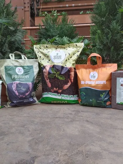 If you are looking for an organic source of nutrients to feed your plants and keep them healthy, our product line has you covered. This display shows our Prithvi Soil Media, Bio-Organic Manure, and Coco Peat options.