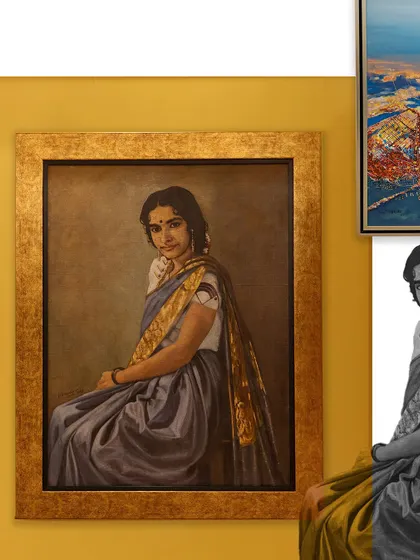 A view of the exhibition featuring the portrait of "The Third Princess" by N.N. Nambiyar, alongside a contemporary landscape. This juxtaposition of styles is central to the dialogue we aim to create.