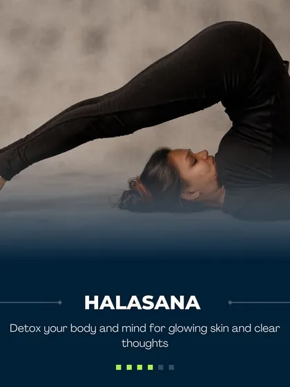 Halasana, or Plow Pose, is an inversion that helps detox the body and mind. This detoxification process leads to glowing skin and clear thoughts, contributing to a youthful vitality.