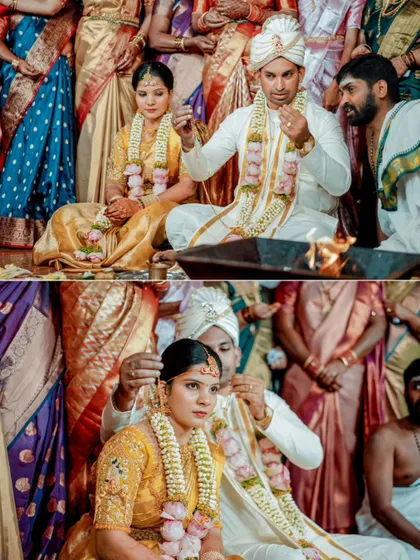 A collage of the wedding ceremony, focusing on the sacred rituals and the couple's participation.