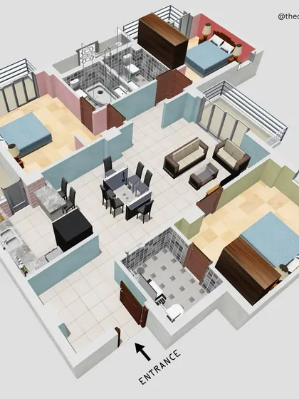 I believe no pattern should be without meaning. This 3D floor plan shows how I approach space planning for a 3BHK apartment, ensuring a logical flow and maximizing the functionality of every square foot.