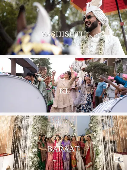 A collage telling the story of 'Vashishth Ki Baraat', from the groom on his horse to the ladies' side dancing with joy.