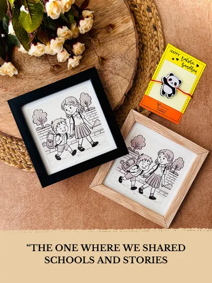 This Rakhi, gift a memory. Our hand-doodled monochrome frames capture those timeless sibling moments, like walking to school together. Available for just ₹199, it’s a small, personal gift that speaks right to the heart.