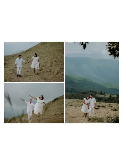 A collage from a mountain pre-wedding shoot, showing the couple walking and enjoying the stunning scenery.