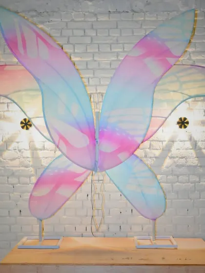 Our beautiful butterfly wing installation, which lights up at night.