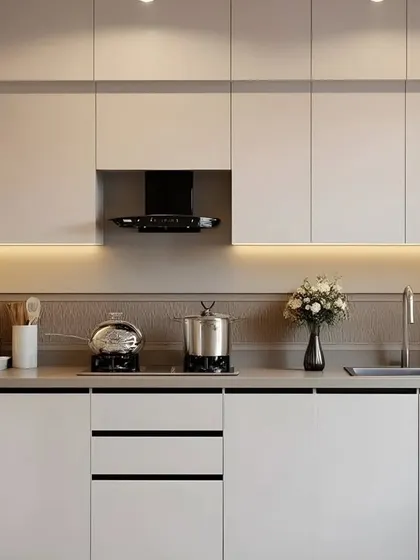 A close-up of a minimalist white kitchen with handleless cabinets and an integrated chimney hood. The warm under-cabinet lighting highlights the textured backsplash, adding depth and warmth to the clean design.