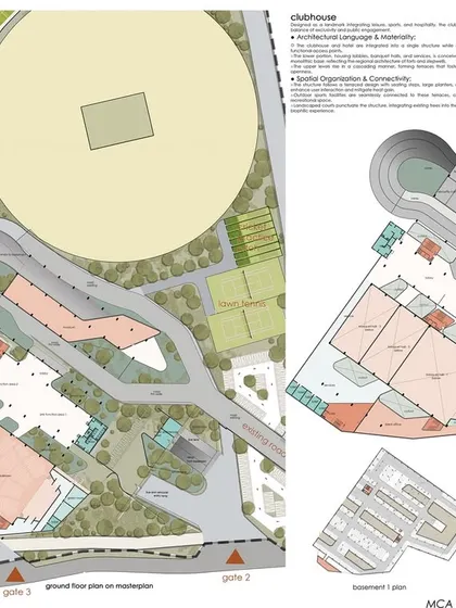 The ground floor plan for the clubhouse and hotel, detailing the program and layout.