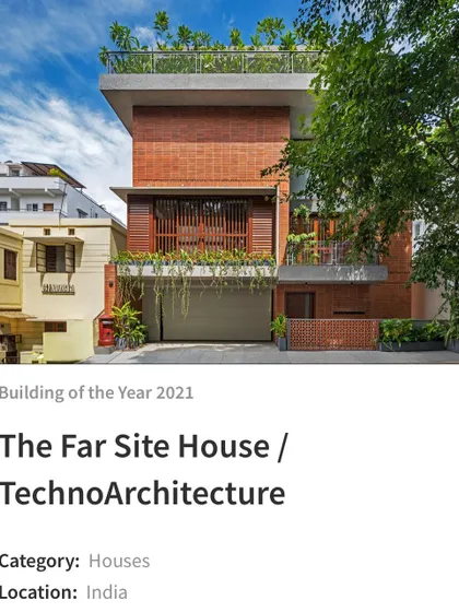 'The Far Site House', recognized for its use of earthy materials like brick and jaali screens, which merge the internal and external spaces.