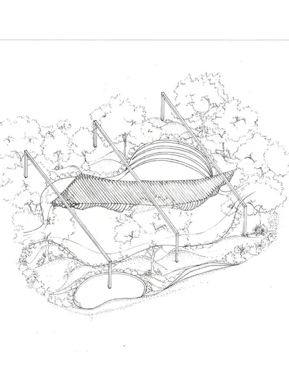This conceptual sketch shows a central community court shaded by a sculptural parasol. The design creates an inviting public commons where residents can gather, sheltered by both the structure and the surrounding foliage.