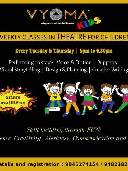 Announcing our weekly theatre classes for children! This flyer outlines the core skills we focus on, such as voice, diction, and creative writing, all designed to build confidence and communication skills through fun.