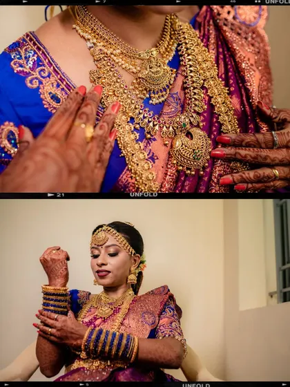 A collage showing close-ups of the bride's traditional gold jewelry and getting-ready moments.