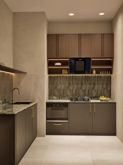 Another view of the pantry shows the layout with an integrated oven and microwave, showcasing how we plan for all necessary appliances within a clean and organized design. The wood-finish upper cabinets add a touch of warmth.