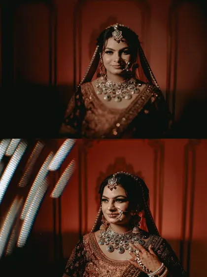 A diptych of the bride, using dramatic red lighting to create moody and glamorous portraits.
