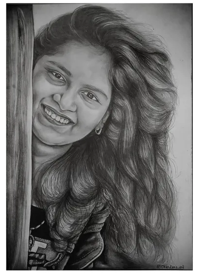 A commissioned graphite pencil sketch. I love how this portrait captures a moment of pure, spontaneous happiness. Using graphite allows me to focus on the fine details, from the light in her eyes to the flow of her hair, creating a timeless and personal keepsake.
