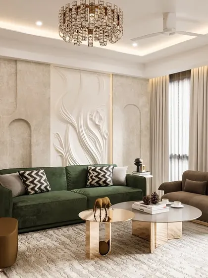 A 3D render of a modern sanctuary, this living room blends understated elegance with rich, tactile detailing. The standout feature wall showcases sculpted 3D floral art flanked by arched niches.