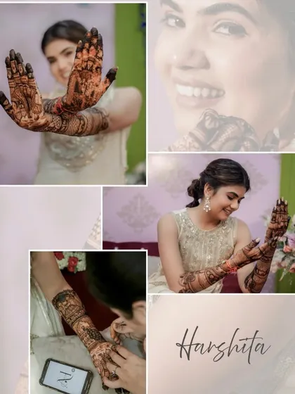 A lovely collage capturing the joy of bride Harshita during her mehendi ceremony, showcasing her beautiful hand and arm designs from different angles.